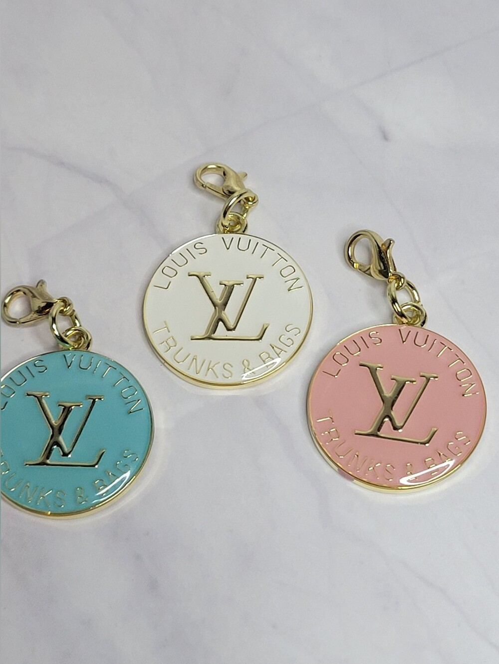 Trunks & Bags 25mm Pink, White and Turquoise Enamel LV Round Bag Charms